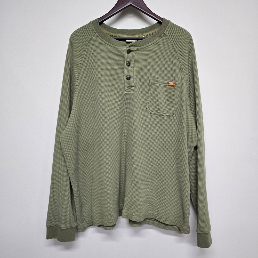 L.L.Bean Waffle Knit Henley Shirt Mens XXL Green Pocket Thermal Gorpcore Cabin